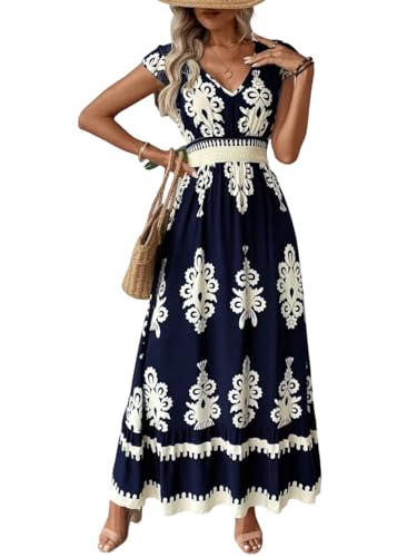 Image of PerZeal Women's 2026 Summer Short Sleeves Dresses Boho Floral Print Tiered Casual Flowy Long Maxi Dress