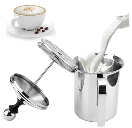 Sajag Freezer Stainless Steel Milk Frother Cappuccino Coffee Frother Double Froth Pump Manual Milk Frother, Stainless Steel Hand Pump (400ml)