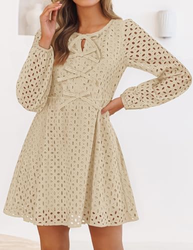 ZESICA Women's Long Sleeve Mini Dress 2025 Fall Crewneck Tie Front Hollow Out Eyelet Babydoll A Line Short Dresses3