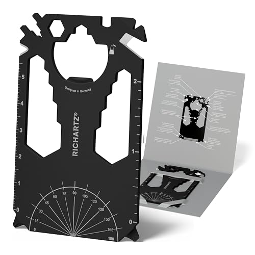 RICHARTZ POCKET CARD black 28+| Multitool Schlüsselanhänger | 28 praktische Funktionen | Hochwertiger, matt gestrahlter Edelstahl | Schlüsselanhänger Werkzeug inkl. Verpackung & Funktionsbeschreibung