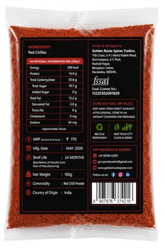 Image of GOLDEN ROUTE SPICES TRADERS Red Chilli Powder 100G | Premium Lal Mirch Powder | Pure & Natural Spice Powder | Strong Colour