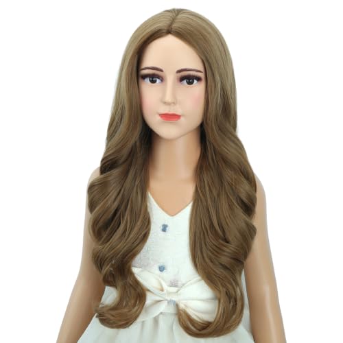 Image of Ginger Wig for Kids Children Long Light Brown Wavy Curly Wig Girls Long Ginger Middle Part Wigs Heat Resistant Synthetic Wigs with Cap