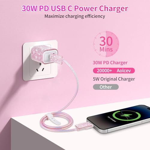 Image of Aolcev for iPhone Charger Fast Charging Bling USB C Wall Charger Block 30W Type C Cord Fast Charging Blocks with USB C Cable for iPhone 17 16 15 Pro Max iPad Galaxy S26 Bling Phone Charging Pink