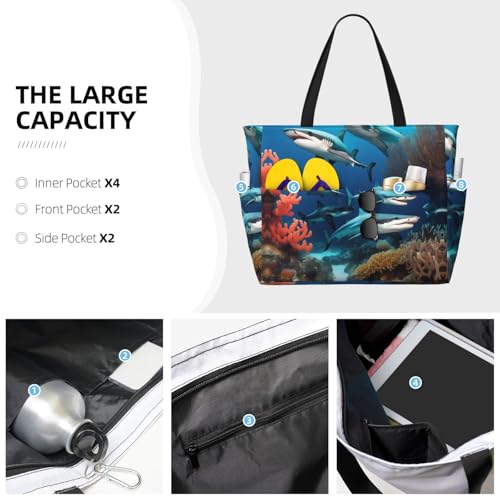 Submarine shark coral Large capacity beach bag with zipper, perfect for grocery bag pool gym travel shopping foldable beach travel bag,3