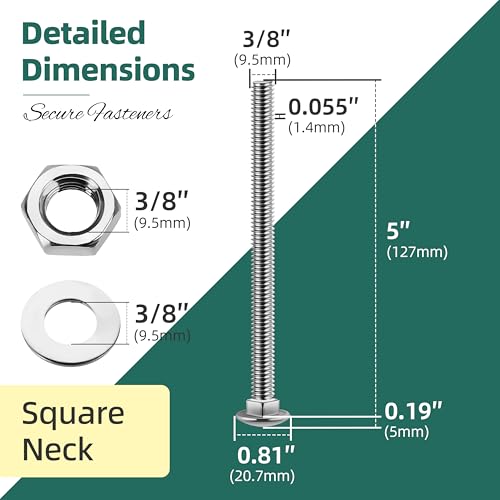 Image of (4 Sets) 3 /8-16 x 5 Carriage Bolts with Nuts and Washers, 304 Stainless Steel Round Head Square Neck 3 /8 Carriage Bolts Screws, Full Thread for Outdoor