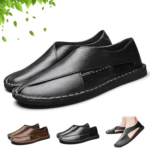 Soulario Leather Sandals for Men, Handcrafted Italiana Genuine Leather Sandals, Summer Casual Comfortable Breathable Non-Slip Slip on Beach Shoes