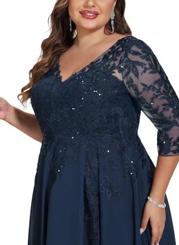 3/4 Sleeve Mother of The Bride Dresses for Wedding A Line V Neck Long Chiffon Lace Sequin Formal Evening Dresses3