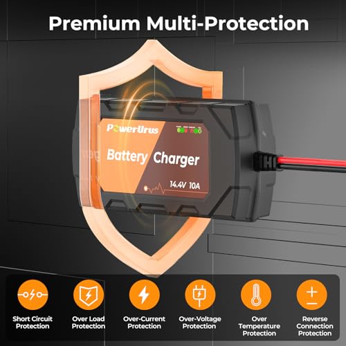 12V 10A Lithium Battery Charger, PowerUrus 12V 10A LiFePO4 Battery Charger, Samrt 12V Lithium Battery Chargers, 12V Trickle Battery Chargers, 12v Battery Maintainer for Deep Cycle Battery of Boat, RV