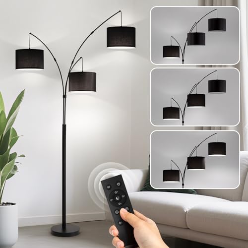 Image of Floor lamp with Remote, 3 Light Arc Floor Lamps for Living Room, 2400LM Tall Standing Floor Lamps with Black Shades, 80 inch Large Floor Lamp for Bedroom, Office