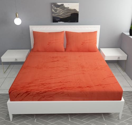 Image of Sands 300TC Luxurious Bedsheets for Winter, Heavy Velvet Bedsheets, King Size Fitted Warm Double Bedsheet, 72 x 78 x 10 inches, with 2 Pillow Covers, Zipper Closer (Orange)