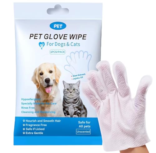 Image of Pet Cleaning Glove Wipes for Dogs & Cats | Soft Non-Woven Gloves for Paws, Ears, Eyes & Body | Gentle Grooming Wipes for Puppies, Kittens & Sensitive Skin | Pack of 6 | Safe & Hypoallergenic