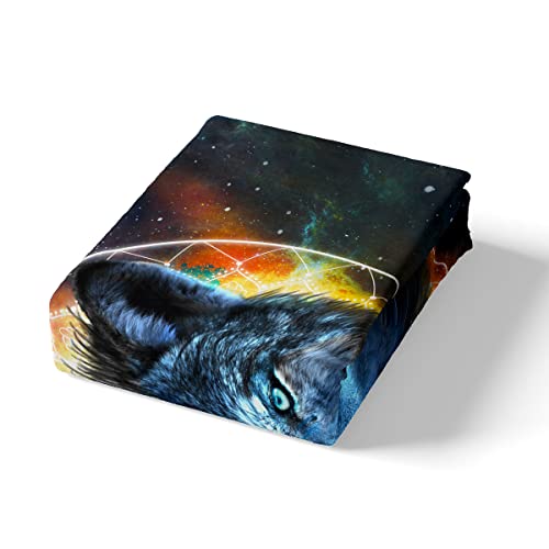 Wolf Bedding Set For Boys Kids Galaxy Wolf Comforter Cover Set 3D Wolf Duvet Cover Teen Man Room Decor, Animal Bedspread Cover Twin Size Dream Catcher Moon Lunar Eclipse Bedding With 1 Pillow Shams #TOP4