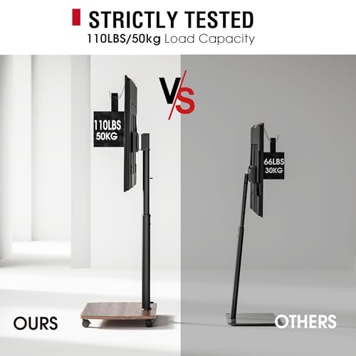 AOKCOS TV Floor Stand Rollable with Wooden Shelf, TV Stand with Wheels for 43-75 Inch, Height Adjustable Swivelling TV Stand, Max. VESA 600 x 400 mm - Image 8