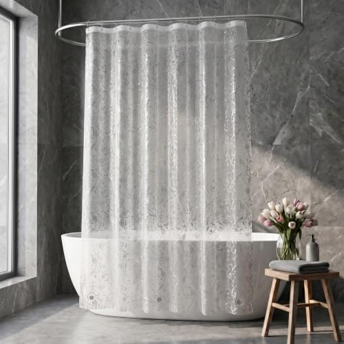 EurCross Frosted Clear Botanical Shower Curtain 72 x 76 inch Long with 3 Heavy Duty Magnets, PVC-Free Excellent Hand Feel PEVA Floral and Foliage Pattern Design Shower Curtain Liner