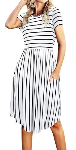 Image of Simier Fariry Womens Summer Modest Work Casual Midi Knee Dress Pocket Short Sleeve Teacher Outfits Spring Travel Clothes