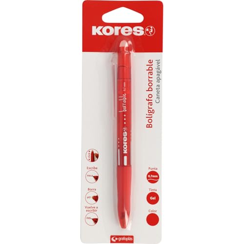 Kores - Caneta Esferográfica Borrável Vermelha BG5, Tinta Gel, Ponta 0,7mm, Retráctil, Grip Ergonómico, Não Mancha, Não Danifica Papel, Não Deixa Resíduos de Borracha, Perfeito para Material Escolar e