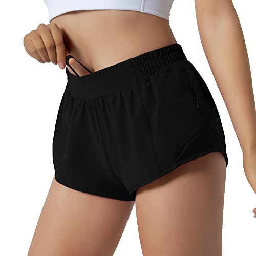 Aurefin Running Shorts for Women Quick Dry Athletic Sports Shorts Lightweight Active Workout Gym Shorts with Zip Pocket Black/M