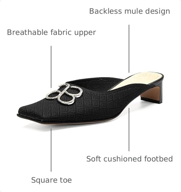 Image of NEWBELLA Women's Square Toe Heeled Mules - Low Heel Slip-On Lightweight Commuter Shoes, Comfortable Fabric Loafers for Office & Casual Wear, Black 6.5