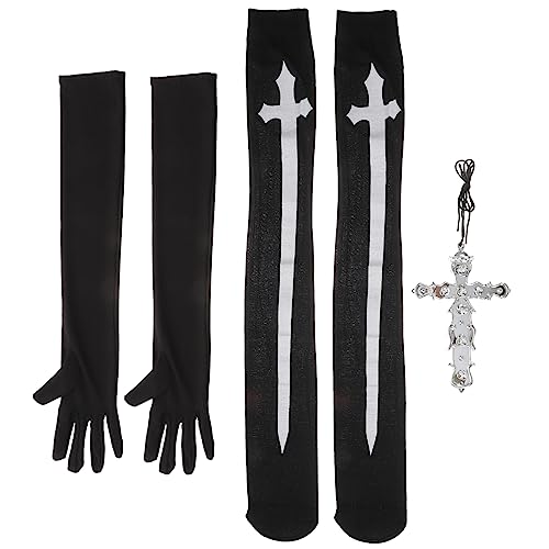 VERDANVERSE 1juego Disfraz De Monja Medias Altas y Guantes Largos Incluye Collar De Cruz Para Fiesta De Carnaval y Cosplay