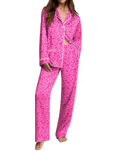 Ekouaer Womens Pajama Sets Satin Silk Pjs Classic Button Down Sleepwear Soft Long Sleeve Lounge Sets Hot Pink Leopard L