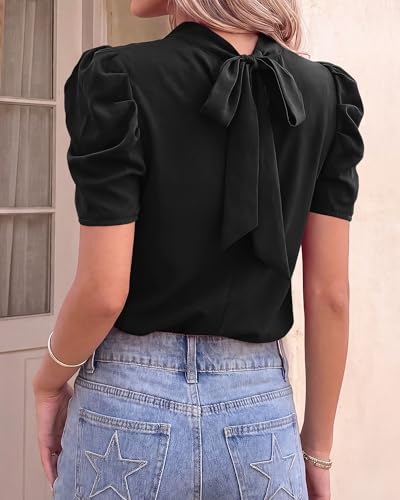 BTFBM Womens Tops 2026 Dressy Casual Blouses Summer Spring Clothes Mock Neck Short Sleeve Shirts Business Work Fall Outfits(Solid Black, Small) — view 3