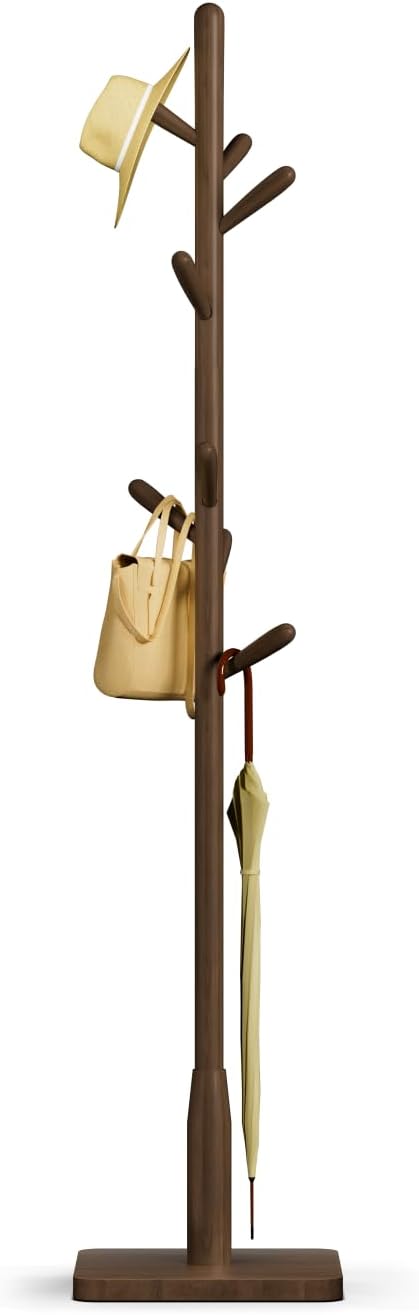 Solid Wood Square Base Coat Rack, Free Standing Hall Coat Tree with 8 Hooks?+2 spare) for Coats, Hats, Bags, Purses, for Entryway, Hallway, Rubberwood Hooks,Base and Pole,(Square Base, Dark Walnut) Dark Walnut Square Base