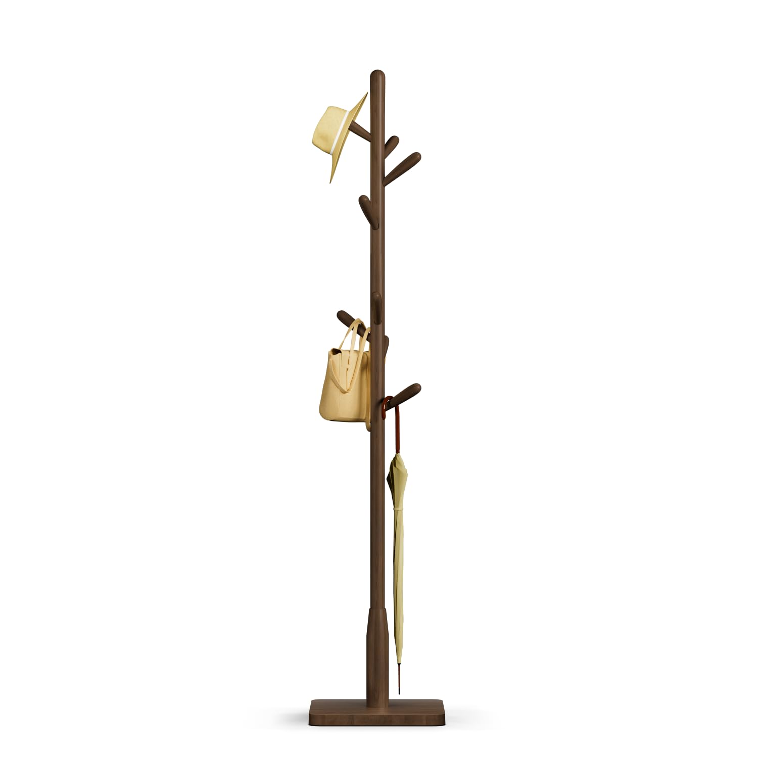 Solid Wood Square Base Coat Rack, Free Standing Hall Coat Tree with 8 Hooks（+2 spare) for Coats, Hats, Bags, Purses, for Entryway, Hallway, Rubberwood Hooks,Base and Pole,(Square Base, Dark Walnut)