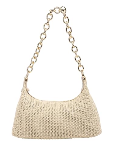 Women's Straw Woven Metal Chain Underarm Bags Small Zipper Beach Boho Shoulder Handbags