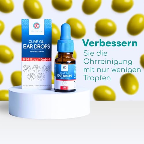 Medi Grade Ohrenschmalz Entferner – 100% Rein Medizinisches Olivenöl -10 ml Olivenöl Flasche – Ohrenschmalzentfernen – Ohrentropfen gegen Ohrenschmalz – Schnelle Ohren Reinigung