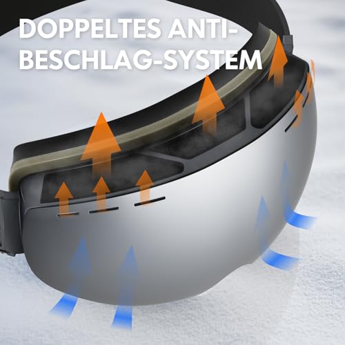 DADA-PRO Skibrille Herren Damen Ski Brille 100% UV Schutz Anti Fog Helmkompatibel Rahmenlose Skibrille Für Brillenträger OTG Ski Goggles Snowboard Brill (Silber)