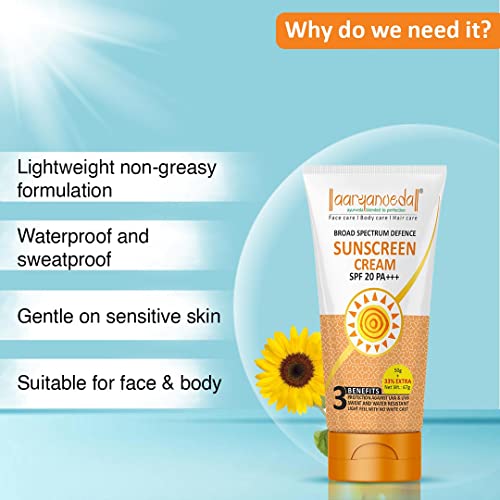 Image of Aryanveda Sunscreen Spf 20 PA+ UV Protection for Women & Men with All Day Hydration | Dry, Normal Skin - 67 Gm