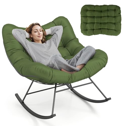 RELAX4LIFE Fauteuil à Bascule de Jardin, Chaise Papasan avec Coussin et Cadre en Métal pour Intérieur et Extérieur, Charge 205KG pour Chambre Salon Porche...