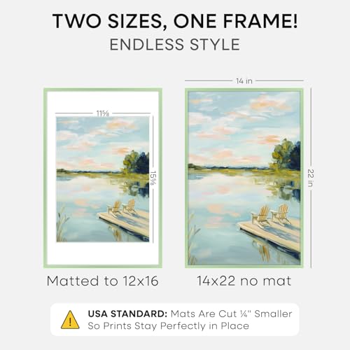 Image of Homeforia 14x22 Green Picture Frame, High-End Metal, 12x16 Mat, Glass | High End Aluminum, Tempered Glass, Acid-Free 12x16 Removable Mat, 14x22 in Edge-to-Edge Display 22x14, Wall Kit, Set Of 2