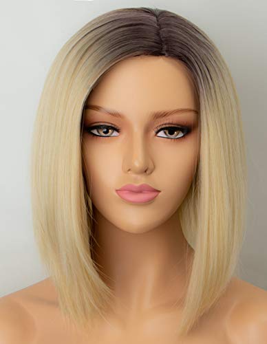 Persephone Blonde Bob Wig Synthetic with Side Part Brown Roots Ombre Short Blonde Wigs for Women
