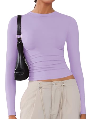 Women's Soft Long Sleeve Shirts Crew Neck Tops Basic Tees Stretchy Going Out Crop Tops Y2K Slim Fit T-Shirts Taro Purple S