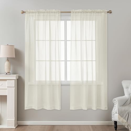 Image of Ivory Sheer Curtains 72 Inches Long, Privacy Semi Sheer Curtains for Living Room Bedroom, Light Filtering Rod Pocket Voile Window Drapes 2 Panels Set, Each 42 inch W x 72 inch L