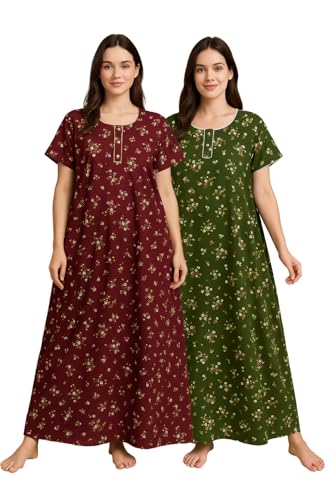 Image of Bahumaan Pure Cotton Nighty for Woman | Floral Gown for Women Nightwear with Pocket | Cotton Nighty for Women Stylish | Maxi for Women Cotton