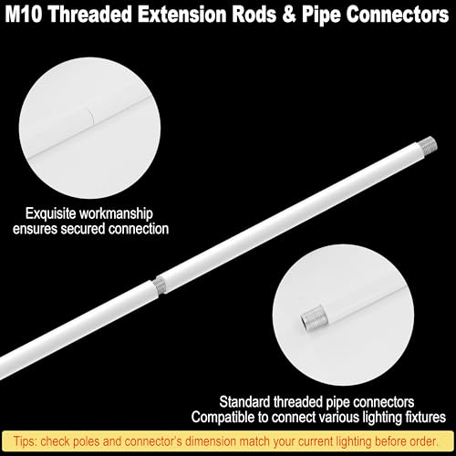 Image of 10 Pieces 12-inch M10 Threaded Extension Poles Lighting Fixture Downrods Stems & 180 Degrees Sloped Ceiling Adapter Kits for Pendant Light, Island Lighting, Chandeliers (White)