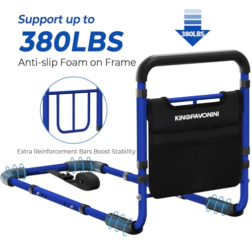 Image of KingPavonini Bed Rails for Elderly Adults Safety, 380 LBS, Model BM03-1 | ASTM Approved, 2026 Upgraded Adjustable Bed Cane, Non-Slip Ergonomic Handle & Storage Bag, Tool-Free Bed Railings for Seniors