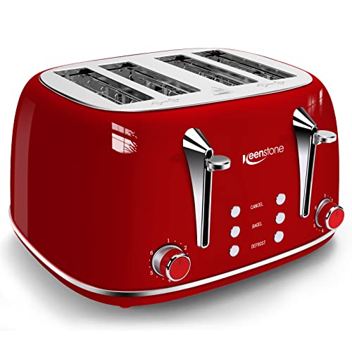 Toaster 4 Slice, Keenstone Retro 4 Slots Stainless Steel Toaster with Bagel, Cancel, Defrost Function - Red