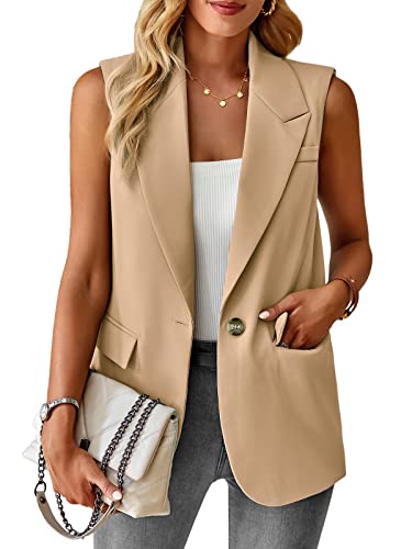 Women's Sleeveless Blazer Vest Casual Open Front Button Vest Lapel Office Cardigan Blazer With Pockets Khaki M