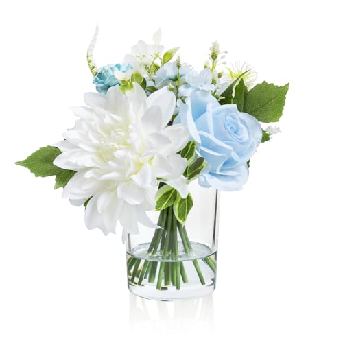 WELL KNOWN Artificial Flowers in Glass Vase with Fake Water, Silk Rose Dahlia Peony Flower Bouquet...