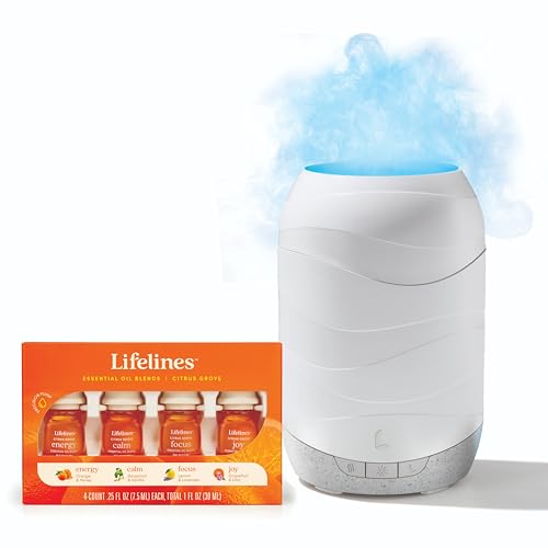 Lifelines 200 ML Waves Ultrasonic Diffuser with Cascading Mist + Citrus Grove 4-Pack - 100% Pure Essential Oils & Sustainably Sources Botanicals - Natural - 7.5 ML Bottles