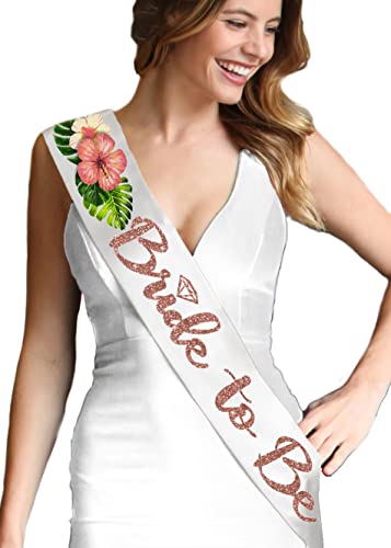 Bride Sash Floral - Tropical Palm Wedding Decor Floral Rose Gold Sparkle Diamond Bride to Be Bridal Grade Satin Sash - Monstera Bachelorette Sashes - White Sash(RG MnstrFlrl)