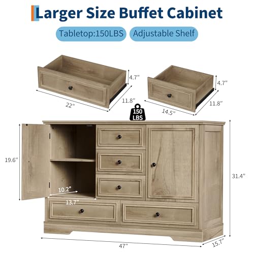 Garvee Farmhouse Sideboard Buffet Cabinet with 5 Drawers and 2 Doors, 47" Kitchen Storage Cabinet, Wood Coffee Bar Cabinet with Adjustable Shelves for Dining Room Living Room, Oak - image 2