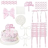 Pearl BowKnot Cake Toppers,Happy Birthday Cake Toppers,Ribbon Bows Cake Decoration Pearl Chain for Wedding Bridal Shower Birthday Bow Theme Party Decorative Supplies(Pink)