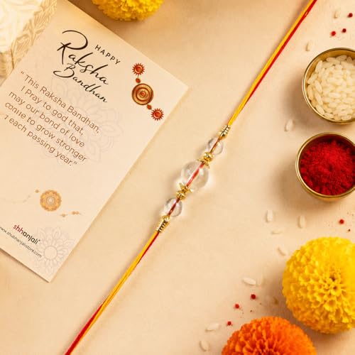Image of Shubhanjali Crystal Beads Rakhi for Brother | Handmade Healing Crystal Stone Designer Rakhi for Bhaiya | Raksha Bandhan Gift Set with Roli Chawal, Kumkum, Greeting Card & Potli