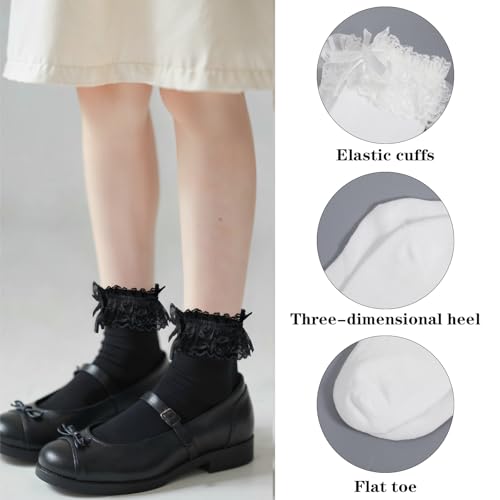 2 Pairs Lace Ruffle Socks, Cute Satin Bow Frilly Socks Comfortable Cotton Ankle Sock for Women Girls (Black and White)3
