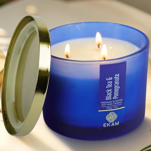 Image of EKAM 3 Wick Soy Wax Scented Candle | Black Tea & Pomegranate Fragrance | 35 Hr Burn | Long Lasting Premium Jar Candle for Home Decor, Relaxation & Gifting