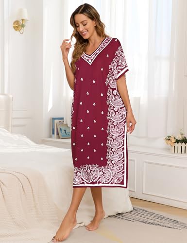 Image of Bloggerlove Women's Caftan Nightgown with Pockets, Long House Dress | Half Sleeve, Kaftan, Mumu Dress, Sleepwear, V-Neck, Full Length, Lounge Dress, 2 Side Pockets